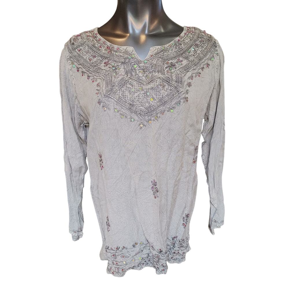 Kaaku Women's Free Size Gray Bedazzled Long Sleeve Top